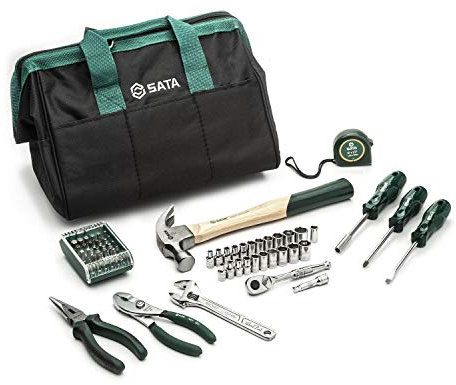 SATA Set di 62 attrezzi multiuso SAE e metrico per riparazioni e progetti fai da te, con custodia verde durevole per il trasporto e la conservazione - ST09513U