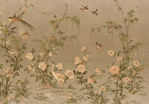 wandmotiv24 Photo murale Oiseaux de bambou vintage S 200 x 140cm - 4 pièces photo, papier peint non tissé Chine dessin oiseau vert rétro M6723