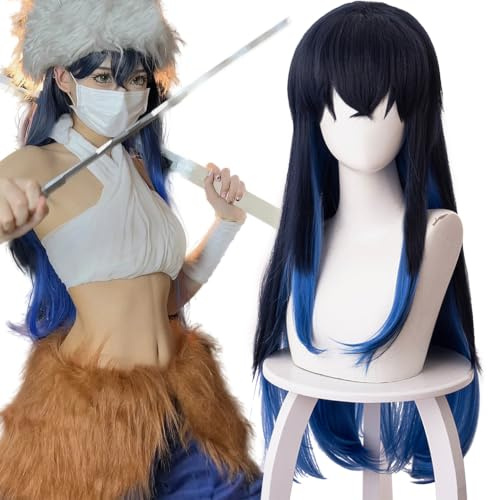 Peluca de disfraz de anime para mujer, peluca larga negra y azul de cabello liso para Halloween, Navidad