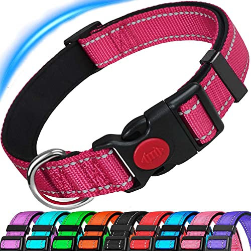 ATETEO Dog Collar, Reflective Adjustable Basic Dog Collar with Soft Neoprene Padding,Small Medium Large Dogs,Hot Pink,Hot Pink