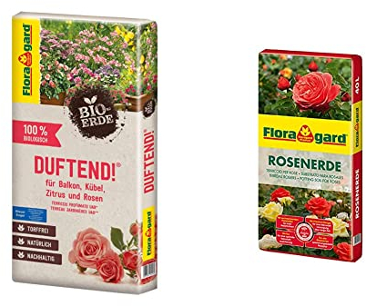Floragard Bio-Erde Duftend 1x40 Liter - für Rosen, Balkonpflanzen, Kübelpflanzen und Zitruspflanzen & Rosenerde 40 Liter - torfreduzierte Spezialerde mit Ton für Rosen im Garten und im Kübel