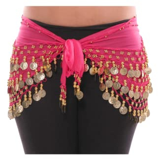 Belly Dancing Dance Hip Scarf Skirt Belt with 128 Coins Red Belly Dance Wrap Hip Scarf Belt with Gold Coins (Hot pink)