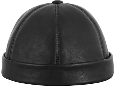 Men's Genuine Leather Skullcap Sailor Cap Hat Beanie Rolled Cuff Brimless Caps 1991 (Leather, Black)