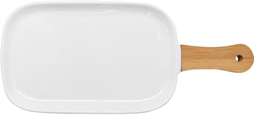 NERTHUS FIH 1339 Bandeja de Porcelana para Snacks con Asa de Bambú, Elegancia y Funcionalidad en la Hora del Aperitivo