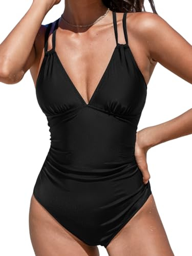 CUPSHE Baddräkt för damer, endelad, V-ringning, magkontroll, dubbla justerbara remmar baktill, cutout, O-ring, Svart, S
