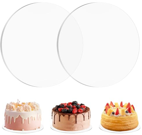Rairsky 2 Pezzi Rotondi Base per Torta in Acrilico 20cm, Non Appiccicoso Dischi Acrilici Trasparenti Riutilizzabile per la Visualizzazione e Il Trasporto di Torte per Matrimoni Feste, 3mm di Spessore
