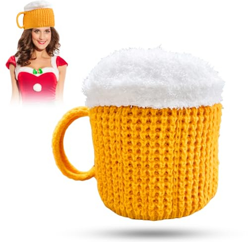 Qunkun Berretto da birra da uomo e donna, giallo, divertente cappello da birra, cappello da birra, cappello divertente, in lana lavorata a maglia, berretto invernale da donna, per Natale e Carnevale