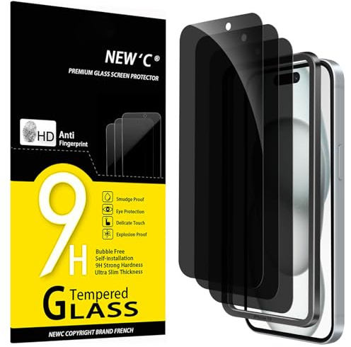 NEW'C 3 Pack, Privacy skärmskydd i glas för iPhone 16, iPhone 15 (6,1 tum), Balans mellan integritet och ögonskydd, Bubbelfri, Ultrabeständig, 9H hårdhet - Enkel installationsverktyg inkluderat