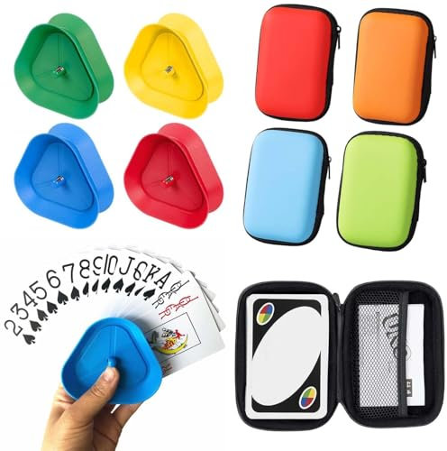 FeiOne: 4 Stück Robuste Kartenhalter Kinder & 4 Stück Wasserfeste Spielkarten Box, Moderner Kartenständer für Senioren & Kinder, Perfekte Kombination, 11.5 cm x 7.5 cm x 4 cm