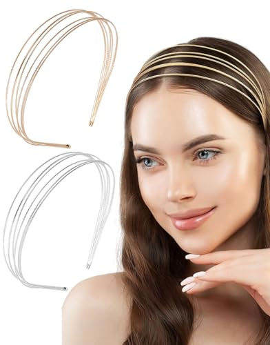 LEEQBCR 2 diademas de metal multicapa para mujer, modernas, delgadas, en capas, con capas, elegantes diademas, accesorios para el pelo para niñas(oro, plata)