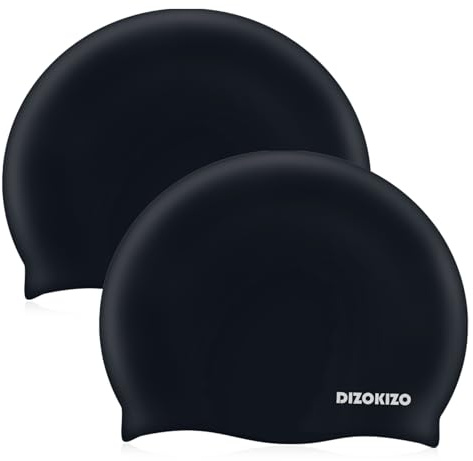 Dizokizo 2pcs Silicone Swim Cap for Kids 6-14, High Elasticity Comfortable Non-Slip Swimming Cap for Girls & Boys, Durable Waterproof Swim Hats for Long and Short Hair, Keep Hair Dry (Black & Black)
