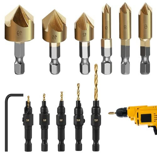 12PCS Countersink Bits, Countersink Drill Bit Set, Counter Sink Drill Bits Set, 6Pcs Hss five-flutes chamfering and 5Pcs woodworking Drilling Bits with Wrench, for Wood Drilling,Plastic,Soft Metal,PVC