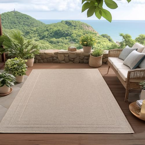 Homebyhome Utomhusmatta beige, väderbeständig och UV-beständig, idealisk för kök, balkong, terrass samt vardagsrum och matsal, Enfärgad design med bård, Färg:Beige, Storlek:280x370 cm