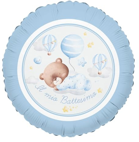 Pallone IL MIO BATTESIMO orsetto CELESTE bimbo - palloncino in foil Mylar gonfiabile ad aria o elio Ø45cm- fornito sgonfio