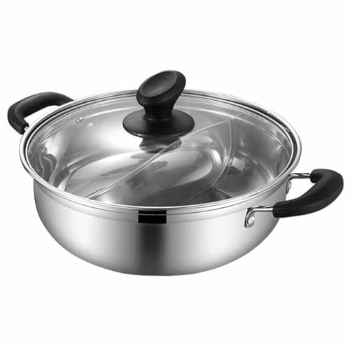 STOBAZA Stainless Steel Dual Sided Hot Pot with Lid, Partitioned Induction Cooking Pot for Two Flavors, 12 Inch Divided Pan for Family and Restaurant Use