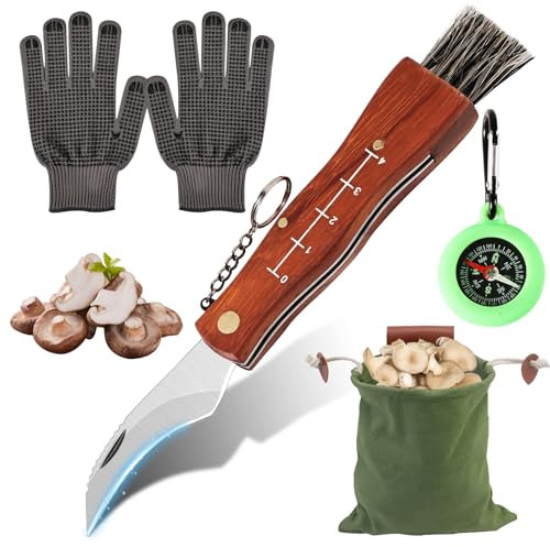 Editbar Pilzmesser mit Bürste und Lineal, Pilzsammeltasche,Edelstahl Klapp Pilzmesser, Tasche Edelstahl Trüffel, Klappmesser,Tragbares Pilzmesser Set,Kompass,Geschenk für Pilzsammler