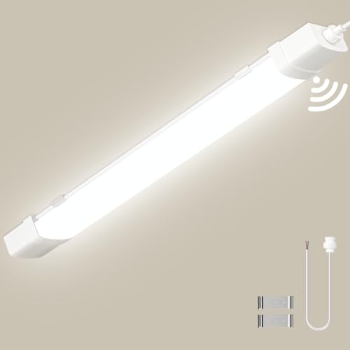 wowspeed 120CM LED Feuchtraumlampe mit Bewegungsmelder, 40W 4200LM Feuchtraumleuchte LED, 4500K Neutralweiß, IP65 Wasserdicht, Deckenleuchte Flach Wannenleuchte für Keller, Garage, Lager, Büro-1 Stück