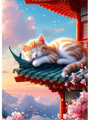 DPHERO Sleeping Cat Diamond Painting Kits for Beginners Adults,5D DIY Orange Cat Diamond Art Kits,Round Full Drill Architecture Gem Art Crafts,DIY Painting by Numbers for Home Wall Decor 12x16 inch