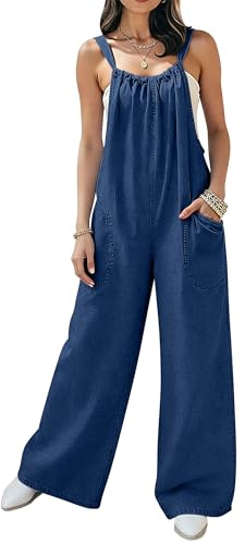 POTILI Denim Overalls for Women Jean Jumpsuit Wide Leg Adjustable Tie-Back Straps Loose Fit Baggy Jumpers Rompers Overol Para Mujer Jump Suits Drak Blue Size 4 6 Small