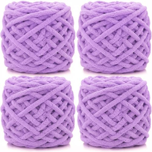 Lighterday Hilo de felpilla de punto súper grueso, 4 ovillos de 100 g, lana multicolor para tejer mantas a mano, lana para tejer mantas grandes, calcetines y bufandas (morado claro)