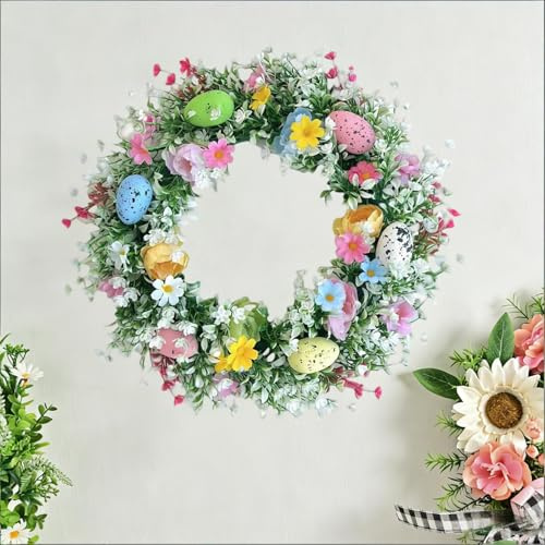 Easter Wreaths For Front Door, 13.8inch Artificial Spring Wreaths Decorations with Colorful Eggs, Easter Holiday Decor for Door Wall Mantel