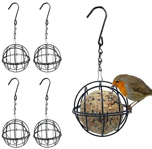 4 soportes para albóndigas de carbonero de metal con ganchos en S, estación de alimentación para pájaros para colgar con tapa, 7,5 cm, resistente a la intemperie, diámetro para jardín, balcón