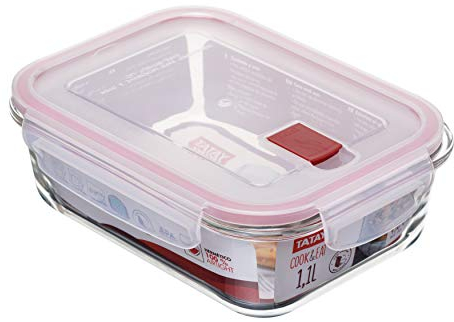 TATAY Boîte Alimentaire, de Verre, Hermétique, de 1.1 L, couvercle à pince, sans BPA, passe au micro-ondes, au four, au congélateur et au lave-vaisselle, Rouge. Mesure 15,7 x 20,7x 6,9 cm