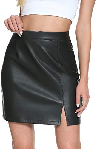 Fahsyee Leather Skirt, Black Women Faux Mini Elastic High Waist Plus Size Pencil Aline Bodycon Vegan Stretch Elegant Skirts L