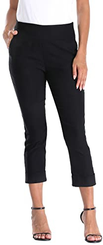 HDE Pull On Capri Pants for Women with Pockets Elastic Waist Cropped Work Pants Black - M