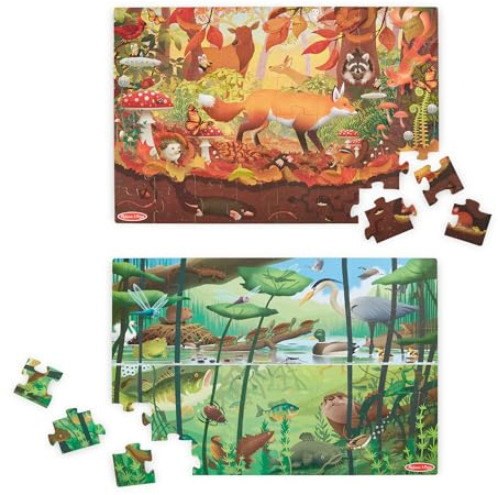 Melissa & Doug Puzzle de cartón de Doble Cara para el Suelo, Incluye Lupa para Buscar y Encontrar, Rompecabezas con 48 Piezas Gigantes, Actividades Creativas para niños y niñas de 3+
