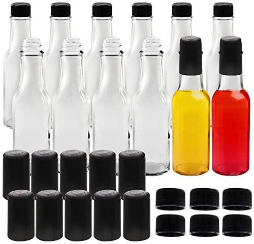 BELLE VOUS Mini Bouteille Verre Transparente Sauce Piquante (Lot de 12) - 150 ml - Petites Bouteilles en Verre avec Bouchons et Capsules Thermorétractables pour Huile, Liqueur, Vinaigre & Vinaigrette
