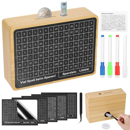 Selizo Spardose Holz,Sparbox mit Zahlen Ankreuzen,Sparbox with Ziel,Spardose mit zähler Zum Ankreuzen,Sparschwein mit Sparziel,Spardoses €500 €1,000 €2,000 €3,000 €5,000 Euro Keine Montage