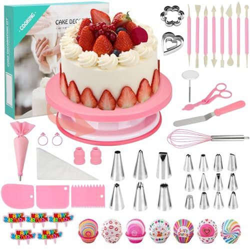 285 Pcs Cake Decorating Kit, Cake Turntable and Decorating Set, Cake Baking Accessories with Piping Bags and Nozzles (Pink)