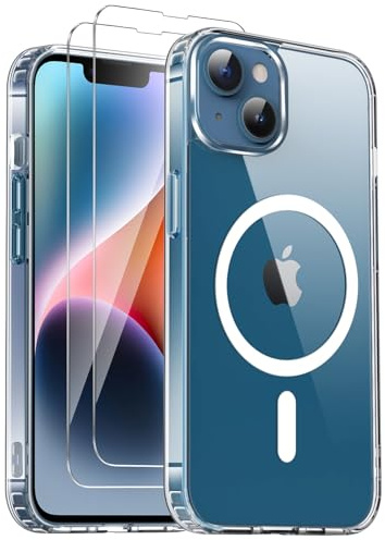 COPIKE Funda Magnética para iPhone 13 y iPhone 14 con 2 Cristal Templado, Compatible con MagSafe, Carcasa Antigolpes Anti-Amarillo Tapa Trasera Resistente Arañazos, Transparent