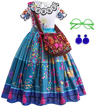 DYJJKM Mirabel Costume for Girls Magic Family Dress Cosplay Princess Halloween Party Outfit (Blue, 7-8 YEARS)