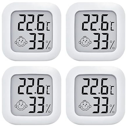 PNGOS Higrometro Termómetro Digital Casa, 4pcs Mini Termometro Interior Termohigrometro Medidor Temperatura y Humedad Ambiental Con Logo de Confort Para Oficina,Sala De BebéS,Invernadero