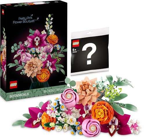 Lego 10342 Bouquet de fleurs roses avec cadeau en polybag - Bouquet rose à partir de 18 ans, pour adultes, bouquet de fleurs roses