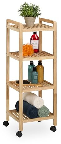 Relaxdays Badregal, Holz, HxBxT: 97 x 35 x 31 cm, Holzregal mit Rollen, 4 Ablagen, Regal für Badezimmer & Küche, Natur