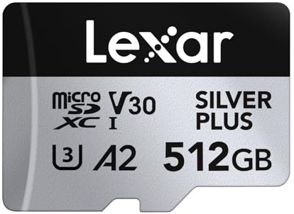 Lexar Silver Plus Micro SD Card 512 GB, Up to 205 MB/s Read Speed, 150 MB/s Write Speed, Memory Card Micro SD with SD Adapter, UHS-I, A2, U3, V30, Class 10, 4K UHD microSDXC