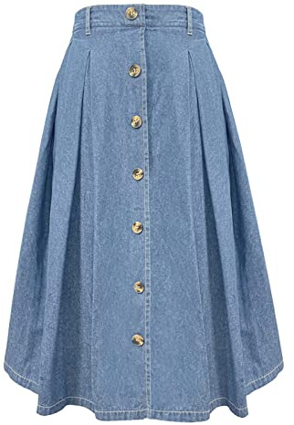 Alaster Queen Jupe longue plissée pour femmes, jupe midi taille haute avec élastique, jupe fluide avec poches pour femmes UK, bleu jean, M