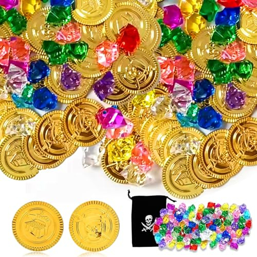 Treasure Chest Children's Birthday Set (201 Pieces) - Gold Coins Children, Muggle Stones & Skull Drawstring Pouch for Pirate Treasure Hunt, Treasure Chest Children's Birthday Party Decoration