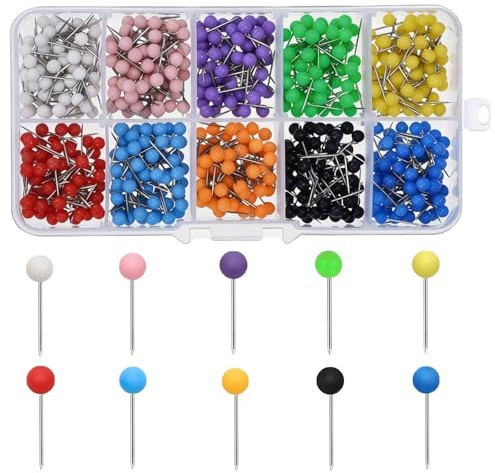 1000 Pcs Push Pins 10 Colors Round Head Drawing Pins Stainless Steel Cork Board Pins Sharp Points Notice Board Pins for Pinboard Cork Bulletin Boards World Map DIY in Home Office School Decor