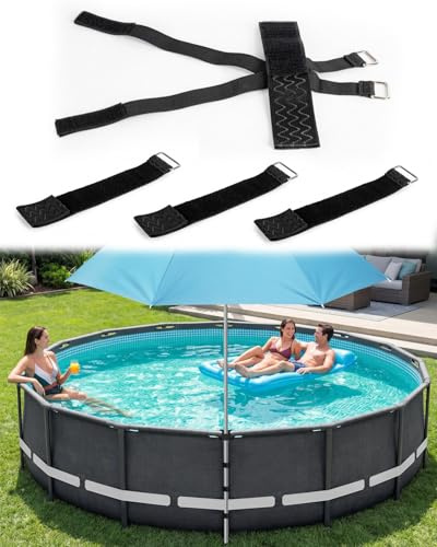 No-Drill Above-Ground Pool Umbrella Tie-Down Straps, Cross-Stabilizer Strap Design, Helps Reduce Wobble & Lean on Pool Frame Rails, Suitable for Intex/Bestway Frame Pools and Most Swimming Pools