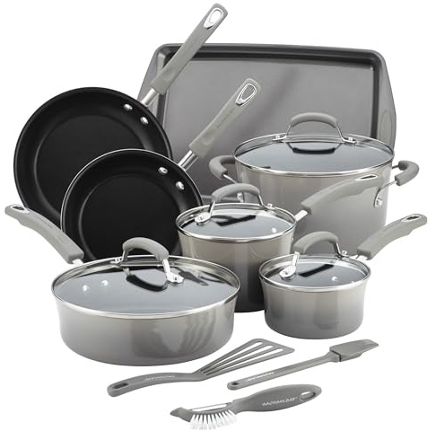 Rachael Ray Brights Nonstick Cookware Pots and Pans Set, 14 Piece, Sea Salt Gray