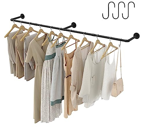 Crehomfy Portant à vêtements industriel avec 3 crochets en forme de S 183 cm barre à vêtements en fer robuste barre de suspension pour vêtements pour buanderie charge maximale 612 kg noir (3 bases)