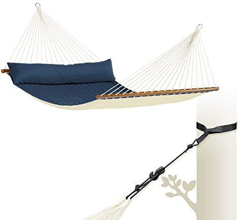 LA SIESTA - Alabama Navy Blue - Gefütterte Stabhängematte Kingsize + TreeMount Black - Baum- & Pfosten-Befestigung