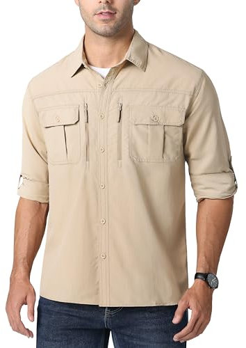 MAGCOMSEN Herren Jagdhemd Militär Hemd Outdoor UV Schutz Shirts Sommer Funktionshemd Herren Quick Dry Shirts Langarm Taktisch Hemd Leicht Arbeitshemd Khaki 3XL