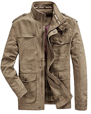 MERCIYD Giacca da uomo per le mezze stagioni, con colletto alto, in cotone, con tasche multiple, marrone, XL