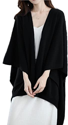 Women's Shawl Wrap Plus Size Cardigan 100% Merino Wool Poncho Cape Fall Winter Open Sweater Coat, Black, One size