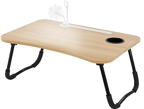ML-Design Tavolino da Letto Effetto Legno/Nero 60x40 cm Tavolo Pieghevole per Laptop da Divano Scrivania Portatile per Notebook con 4 Porte di Ricarica USB Piccola Lampada Piccolo Ventilatore Supporto